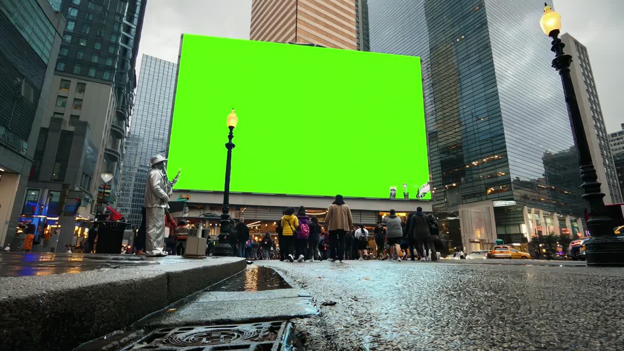 Green screen-billboard på en travl bygade med fodgængere og trafik