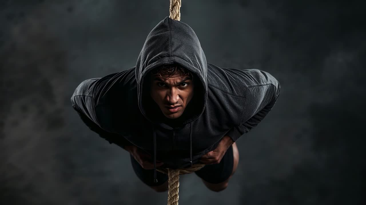 Gripping thick climbing rope, hooded male athlete pulling upward at gym, building strength