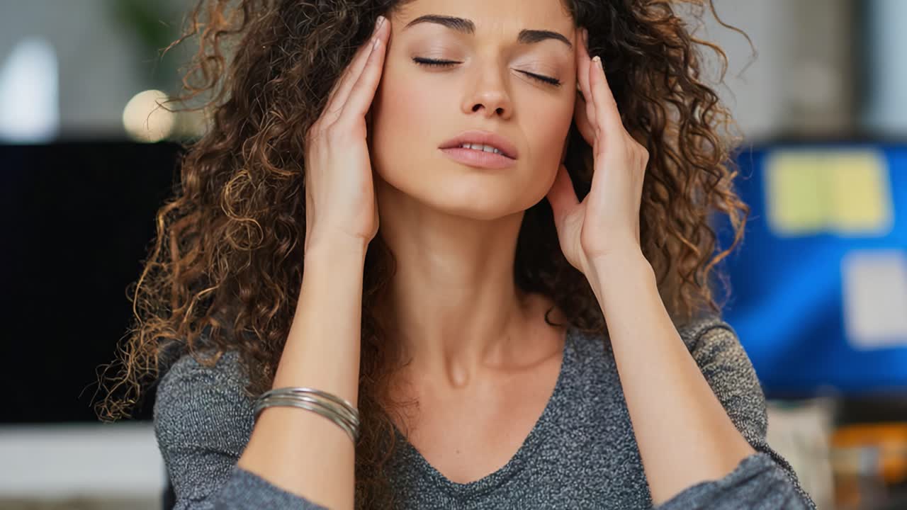 Uma jovem com cabelo encaracolado expressando desconforto, segurando delicadamente a cabeça com as duas mãos enquanto sente estresse ou fadiga em um ambiente de escritório moderno.