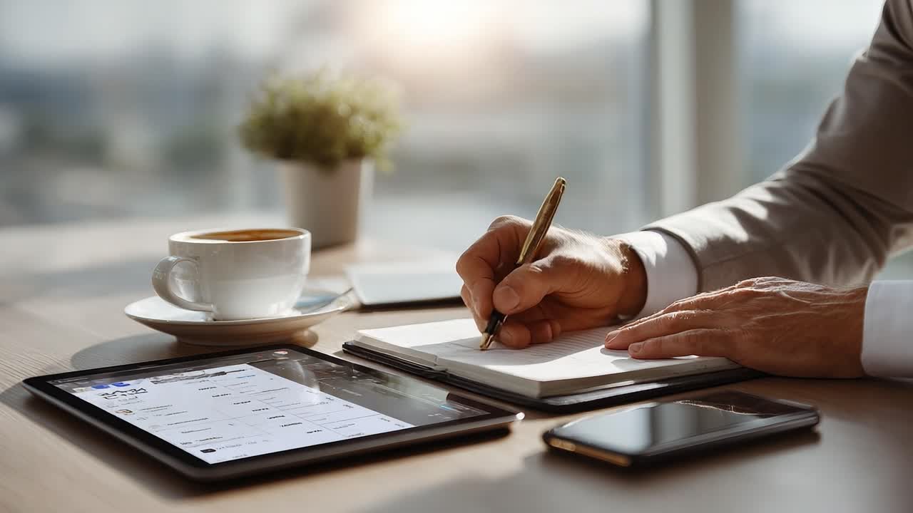 Focused Attention: A Professional at Work with Technology and Coffee, Writing Notes on a Stylish Desk Surrounded by Digital Devices and Natural Light