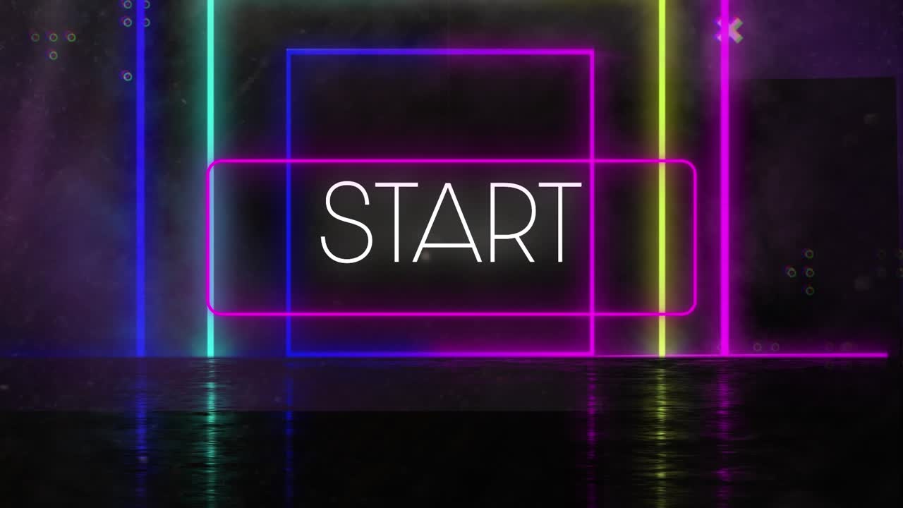 Animation of start text over neon shapes on black background