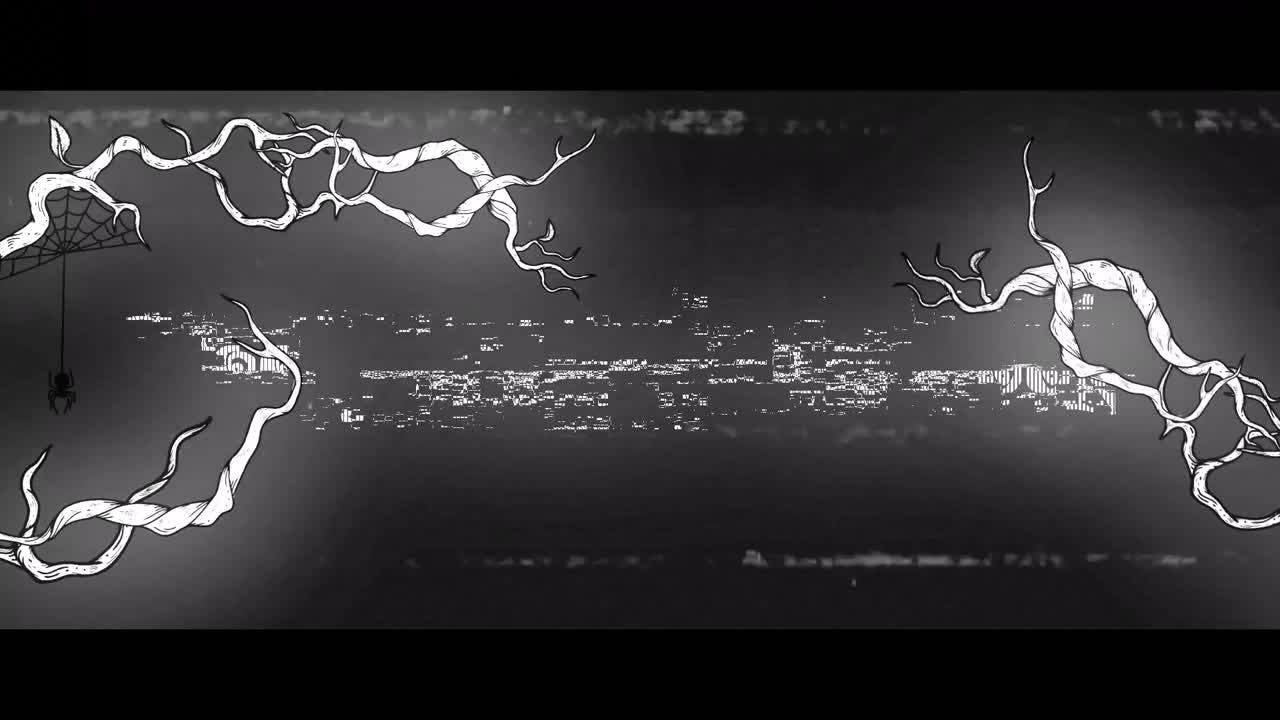 검은색 배경에 할로윈 텍스트와 가지의 애니메이션