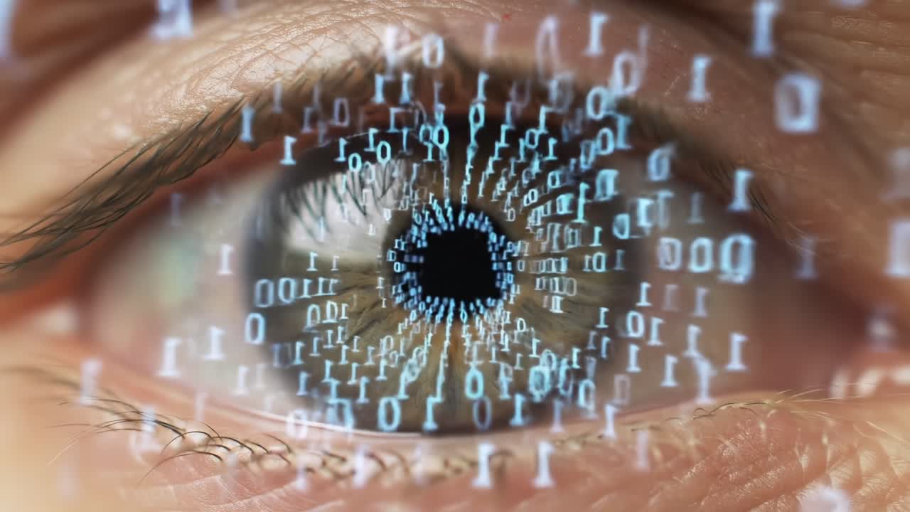 Close-Up of a Human Eye Surrounded by Flowing Binary Code, Symbolizing the Intersection of Technology and Vision in the Digital Age