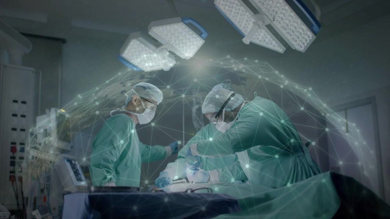 Kirurgisk team igangsætter procedure på operationsstuen, AR-kuppel pulserer over feltet, guider snit.