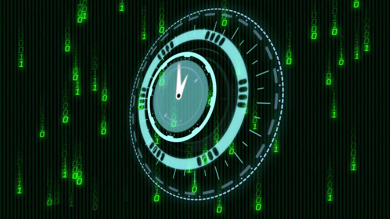 Digital clock animation over green binary code background, futuristic and dynamic