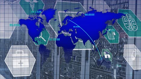 animación de iconos médicos y mapa del mundo contra conexiones de microprocesador a través de la sala de servidores