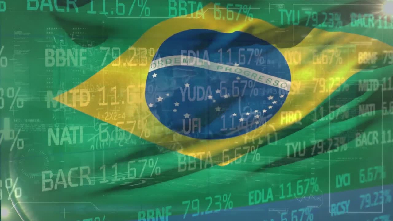 揺らめくブラジル国旗を背景に株式市場のデータ処理が行われるアニメーション