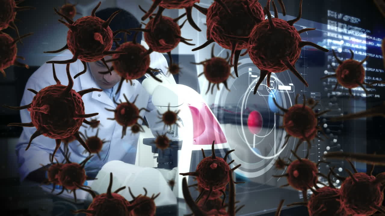 animación del virus de la corona roja con un científico en el fondo