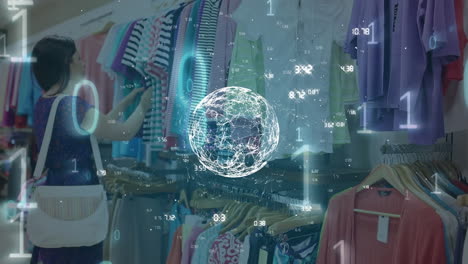 animation of globe of network of connections and binary data processing over woman clothes shopping