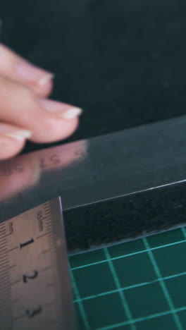 cu: professional tailor hands measure black leather cloth with large metal rulers on green cutting mat close view