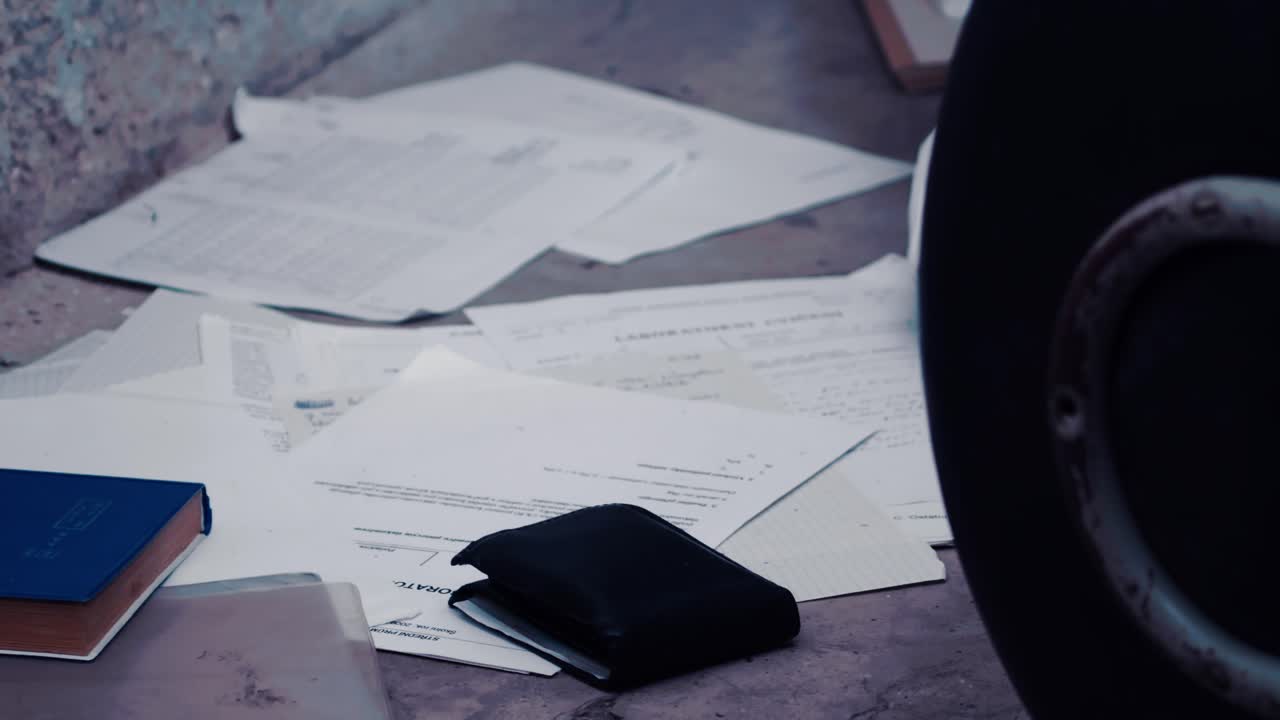 법의학 수사관이 지상에서 지갑을 발견하고 범죄 증거 수집, 근접 촬영