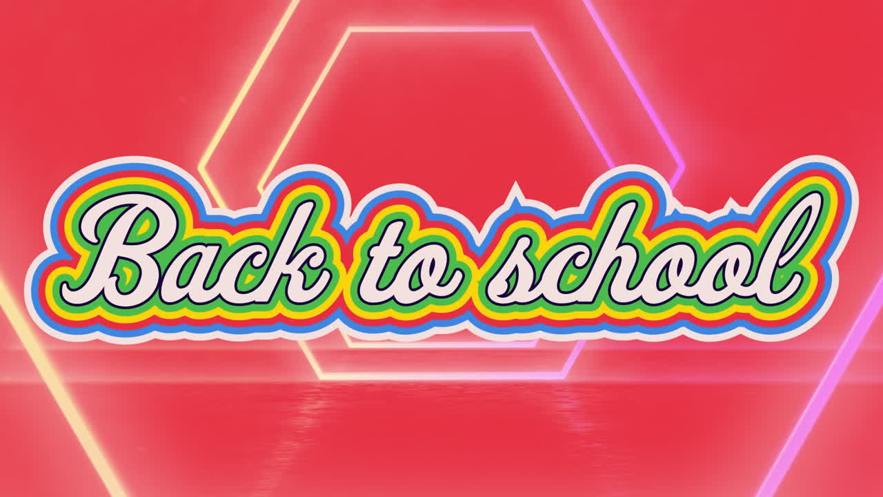 ⁇ 은 배경의 육각형 위에 학교로 돌아가는 레트로 텍스트의 애니메이션