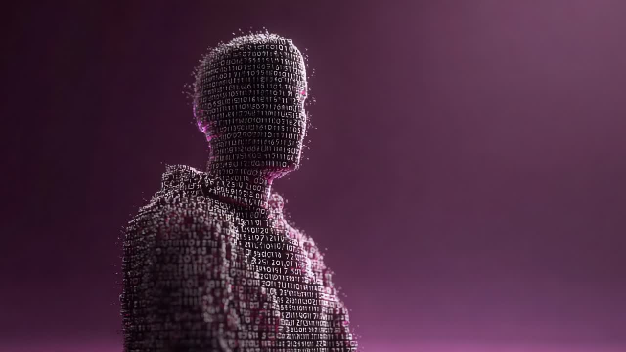 A Digital Silhouette Comprised of Binary Code Reflects the Intersection of Technology and Human Identity in a Vividly Colored Abstract Background