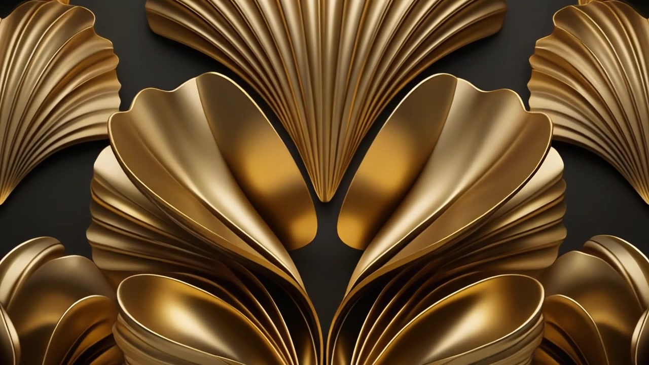 Abstract Golden Fan-Shaped Metallic Structures Moving on Black Background
