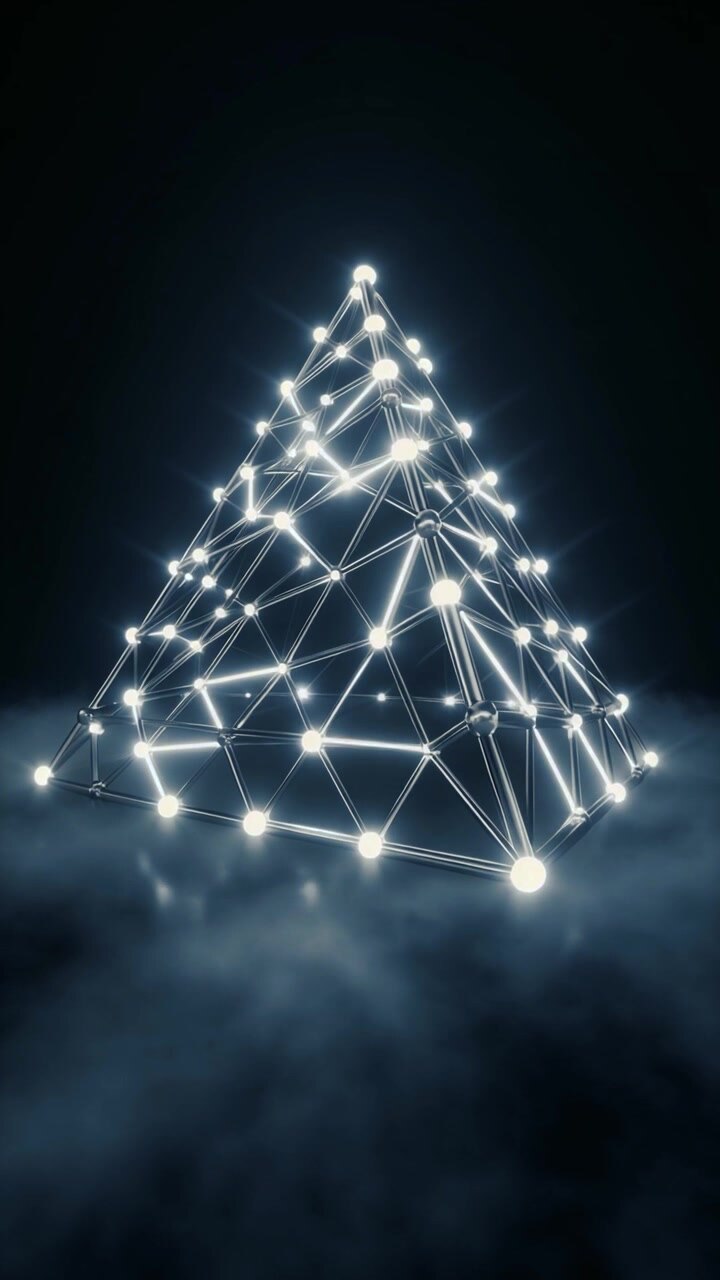 Glowing Geometric Pyramid Structure Floating Above Fog