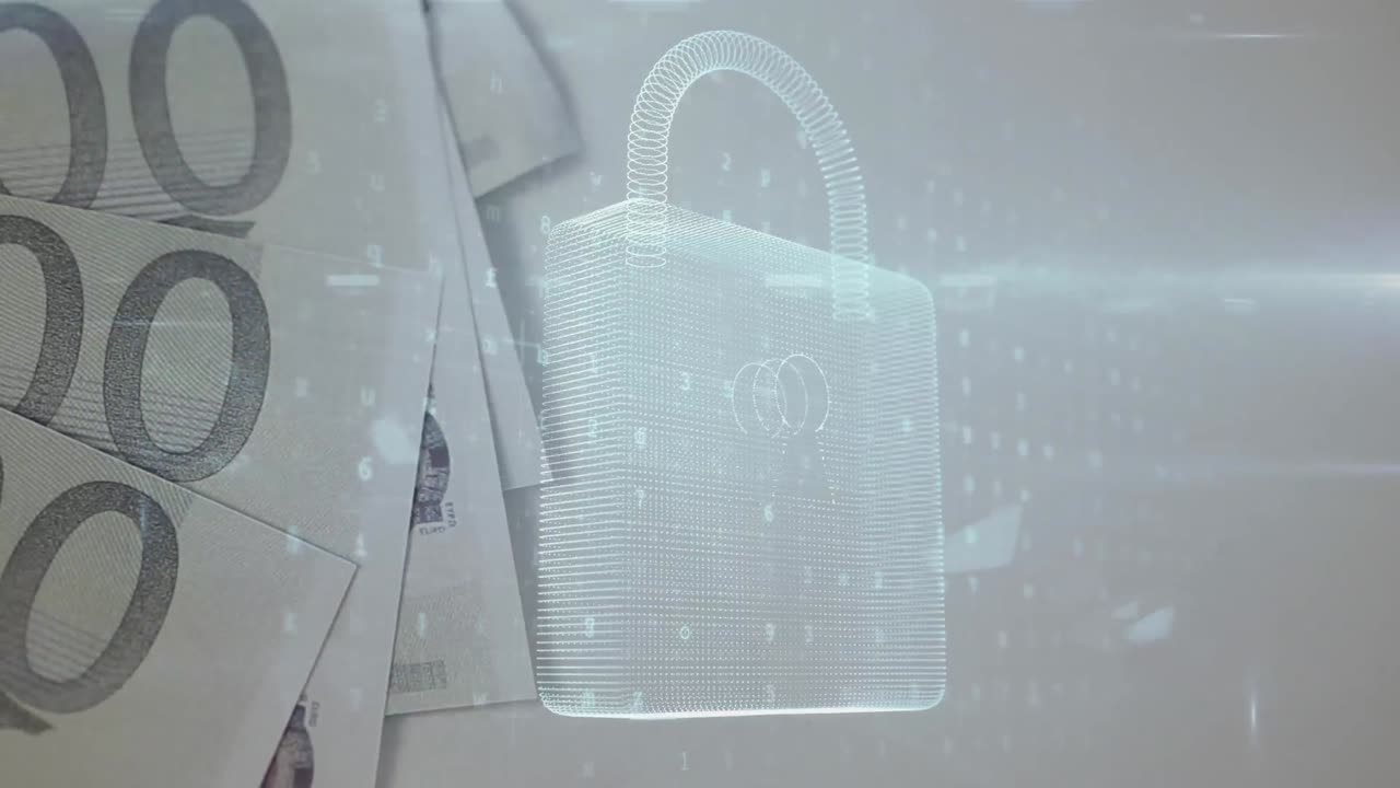 анимация сети соединений и замка безопасности над ручным складыванием евробанкнот