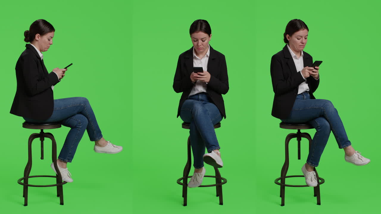 Businesswoman sitting and text messaging on smartphone