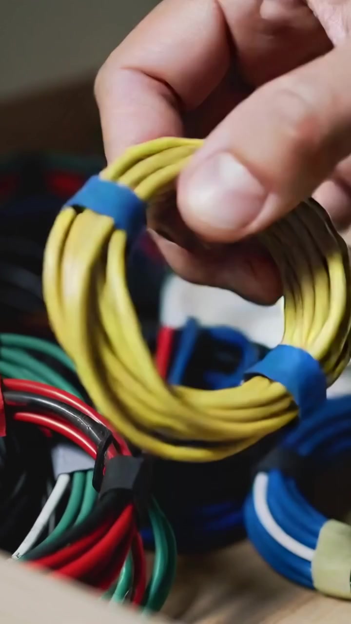 Vertical video: Reaching hand grasping green and black coil at workbench drawer, organizing wires