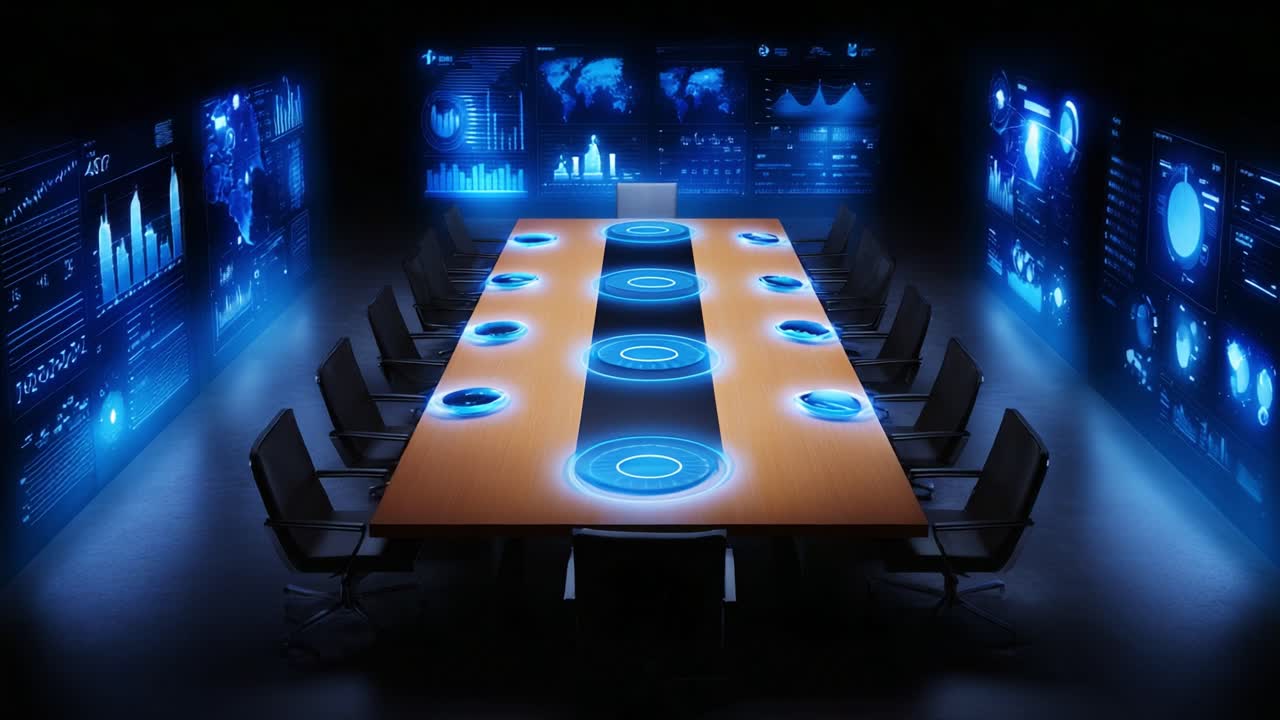 Futuristic Conference Room Featuring High-Tech Visual Displays and a Sleek, Modern Design, Highlighting a Central Table with Interactive Elements and a Dark Ambient Setting