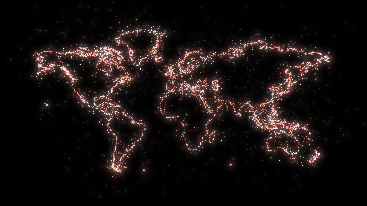 Illuminated global network animation of glowing particles forming a world map on a black background.