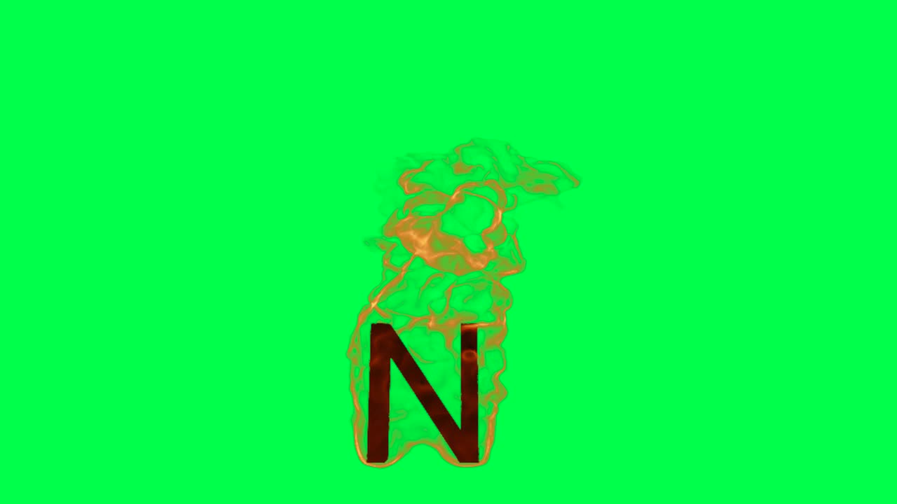 Lettera N in fiamme su schermo verde