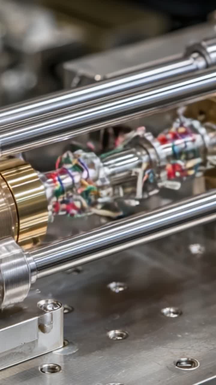 Detailed Close-Up of Precision Mechanical Components Showcasing Intricate Design and Engineering with Colorful Wiring and Metalwork in a Laboratory Setting