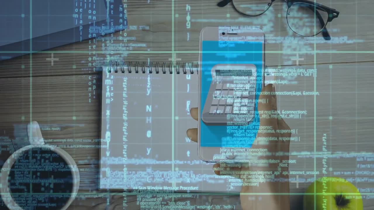 Animation of data processing over woman using smartphone