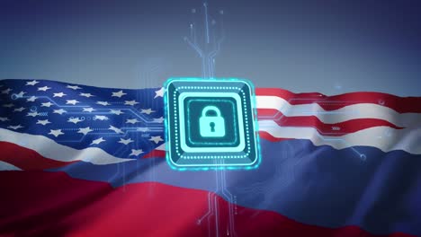animación de candado y procesamiento de datos sobre la bandera de rusia y los estados unidos de américa