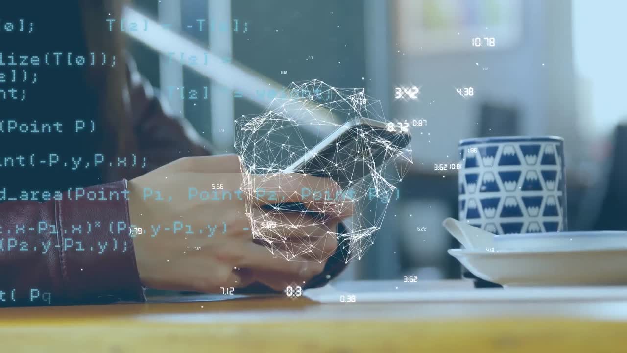 스마트폰을 사용하는 여성에 대한 연결 네트워크의 애니메이션