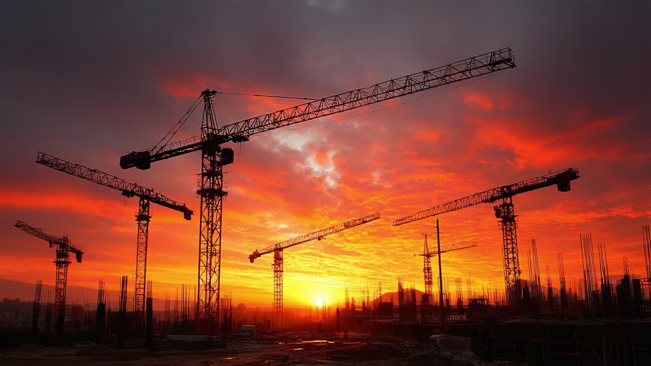 A Stunning Sunset Over a Construction Site Featuring Multiple Tower Cranes Silhouetted Against the Vibrant Sky, Highlighting the Intersection of Nature and Urban Development