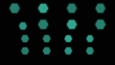 iconos geométricos hexágonos en filas con luz de neón en degradado negro
