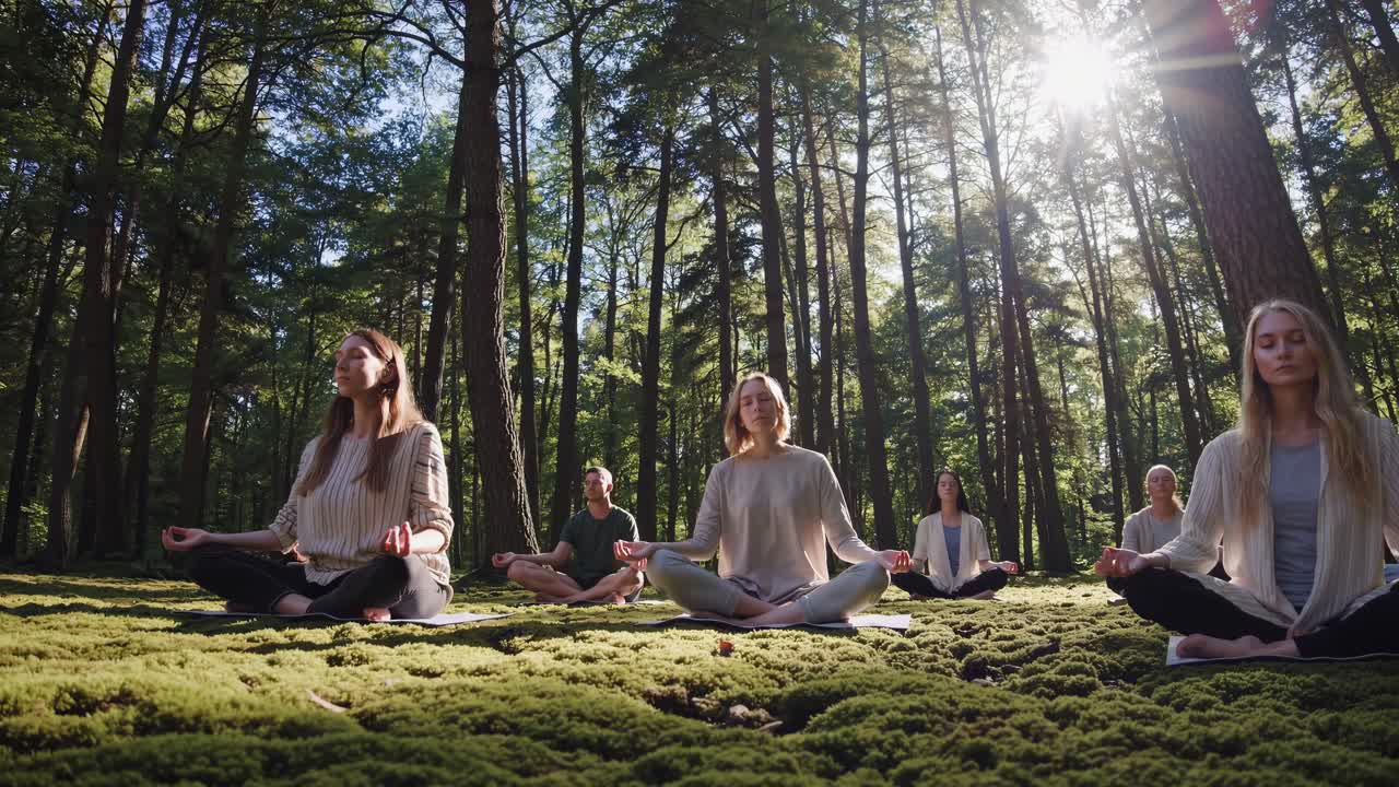 Group of People Meditating in Lotus Position on Mossy Forest Floor