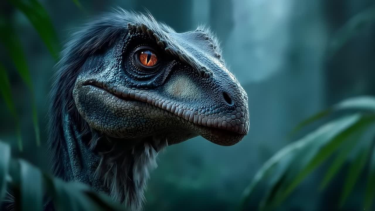 A close up of a dinosaur's head in the jungle
