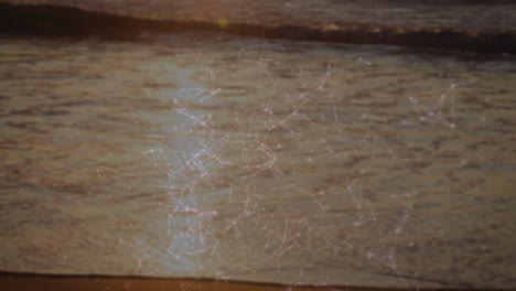 network of connections and data processing animation over wooden surface