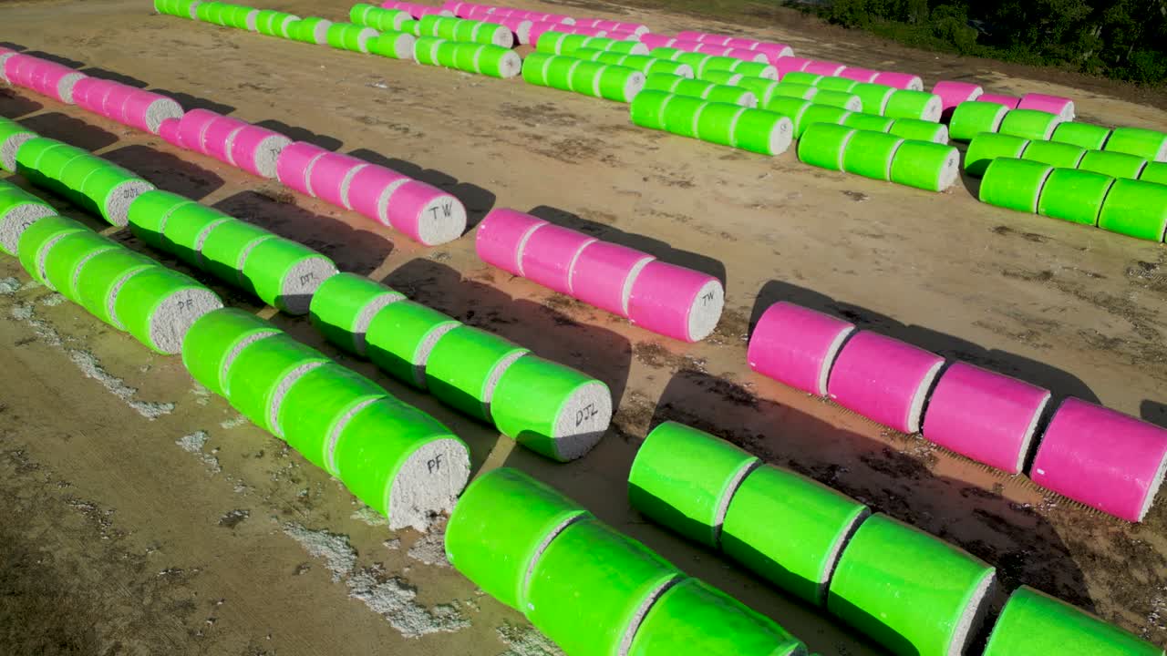 Vista aerea ravvicinata di balle di cotone avvolte in plastica verde e rosa allineate su terreni agricoli vicino a Headland, nella contea di Henry, Alabama, Stati Uniti, durante le operazioni di raccolta autunnale