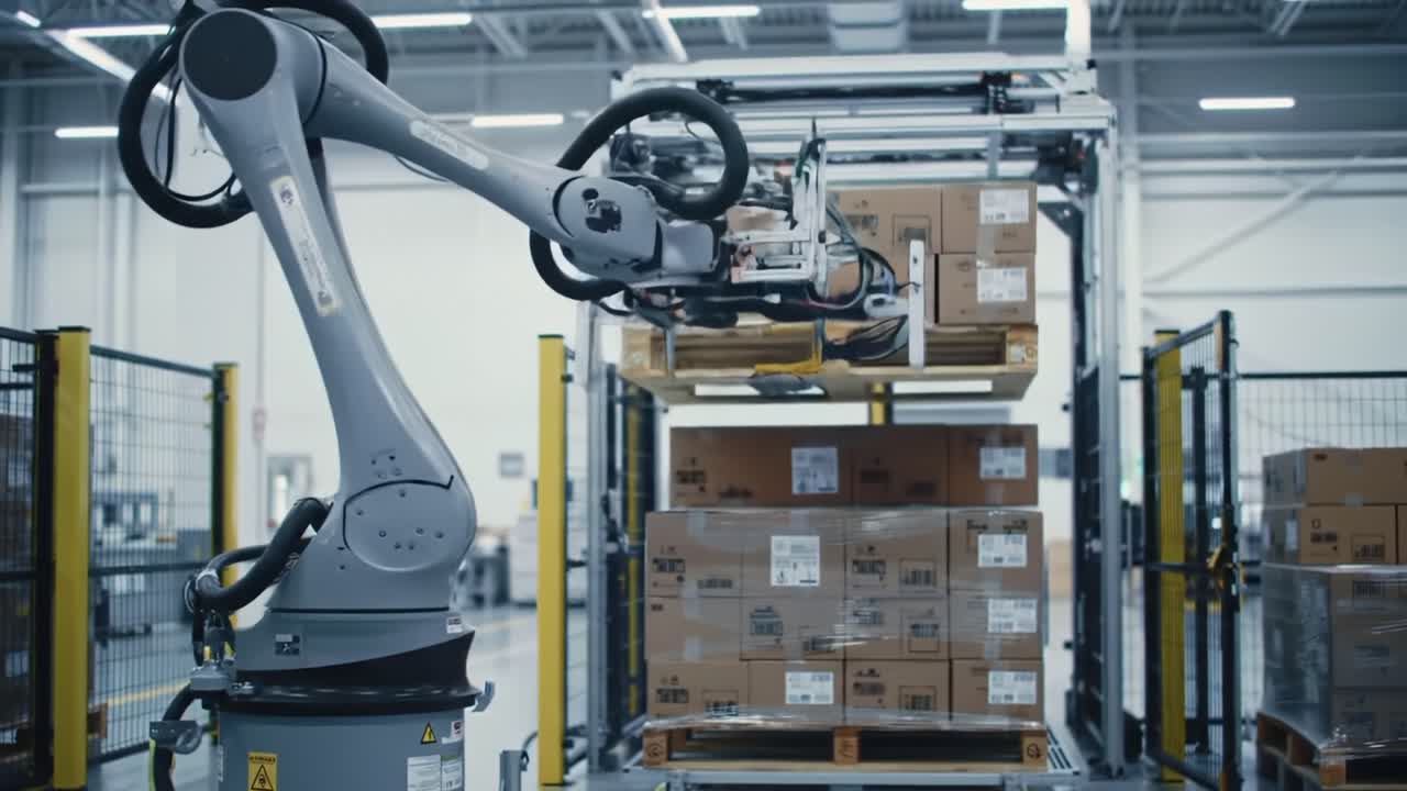 A Robotic Arm Maneuvering Pallets in a Modern Warehouse Environment, Showcasing Automation and Industrial Efficiency in Material Handling