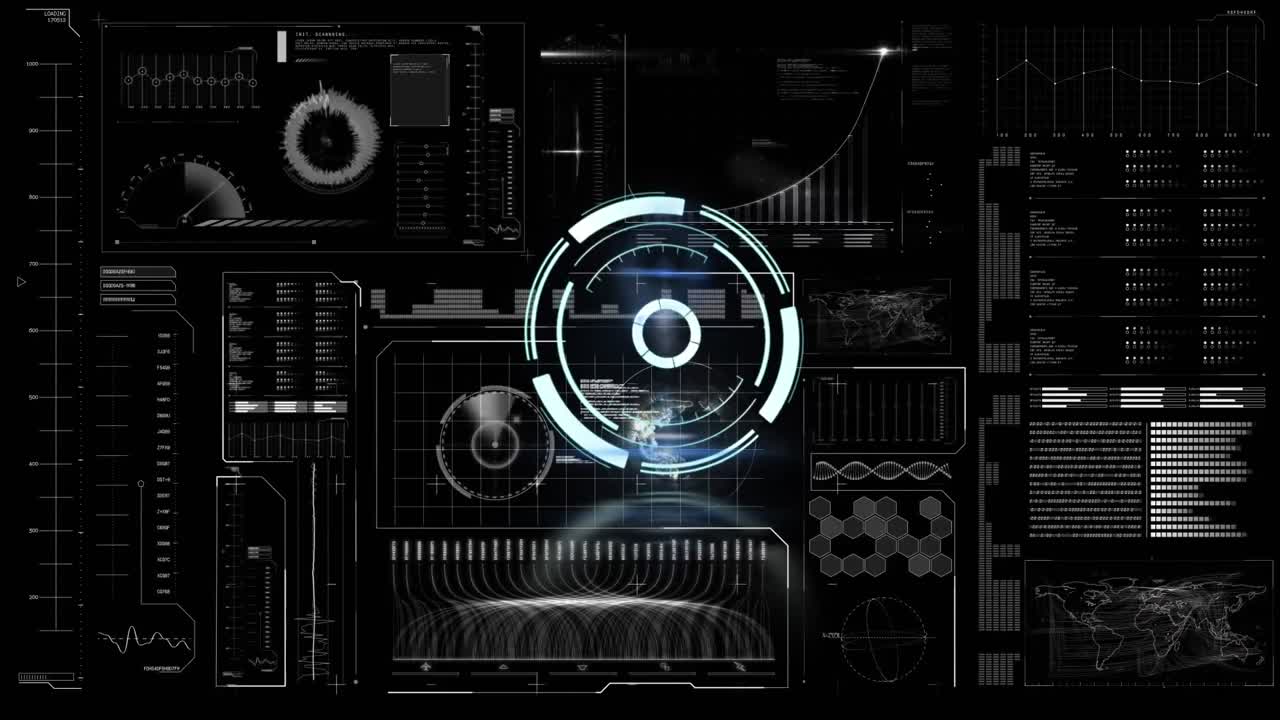 Animation of scope scanning over data processing on black background