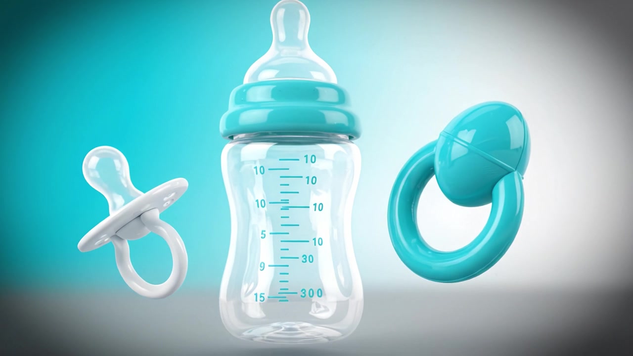 A delightful assortment of baby essentials including a bright turquoise baby bottle, pacifier, and playful ring, perfect for new parents and their infants.