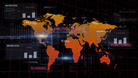 an orange world map on a grid, with data processing occurring in the background