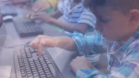 network of connections and clouds in the sky against caucasian boy using computer at school