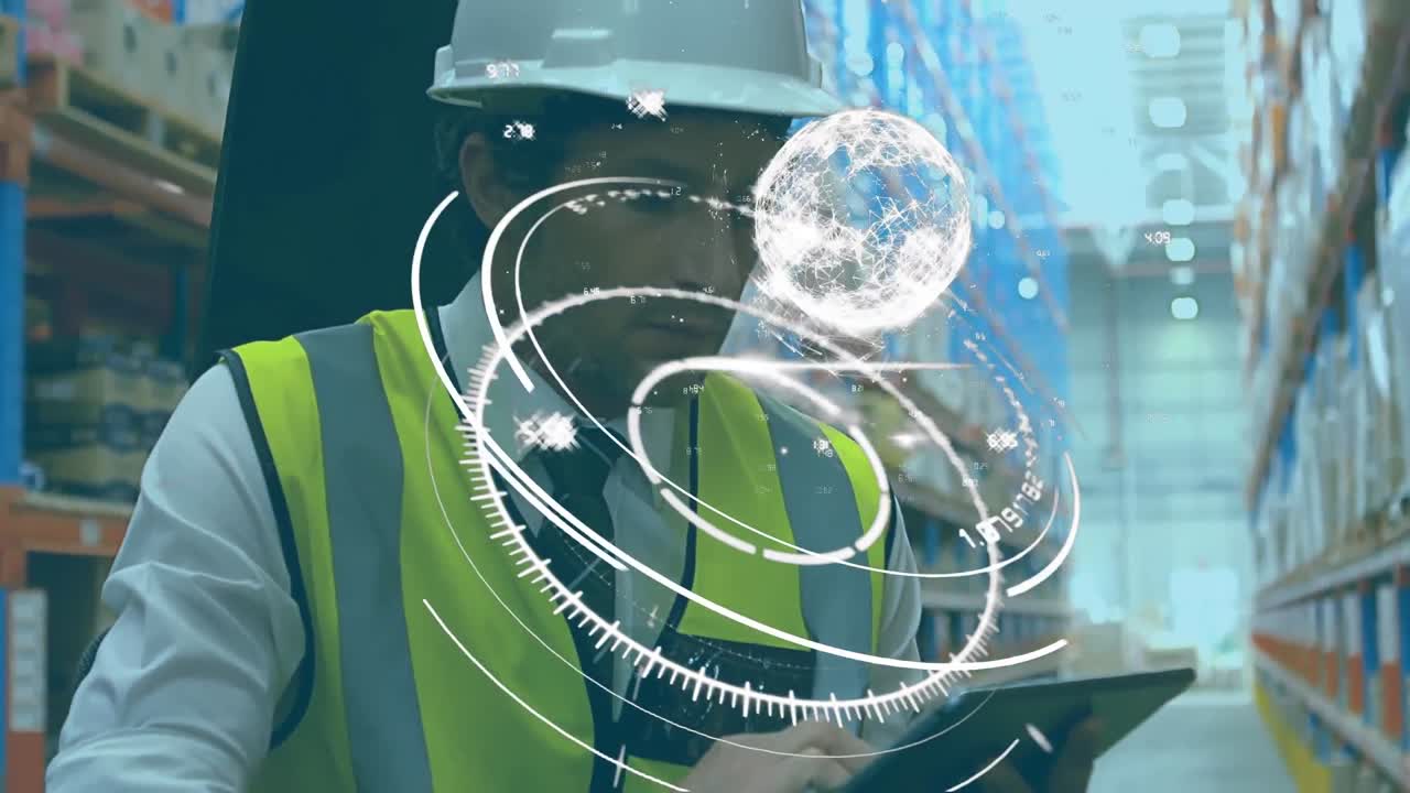 창고에서 태블릿을 사용하여 사람 위의 범위 스캐닝과 지구의 애니메이션