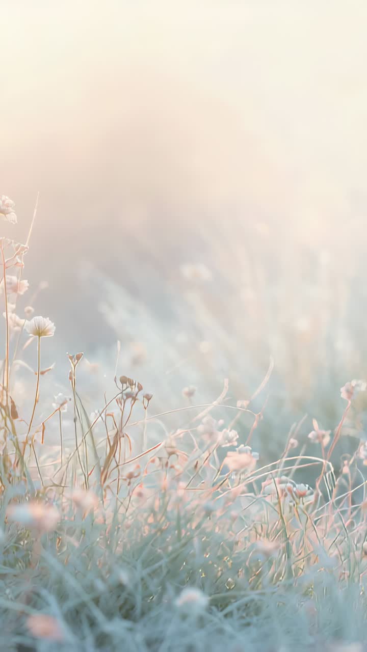 Vertical video: Swaying wildflower cluster and grass stems moving in meadow as gentle breeze passes
