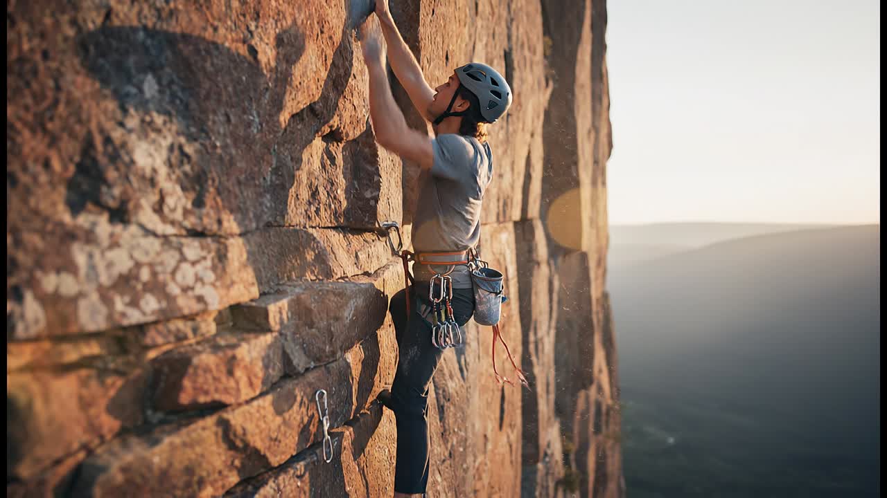 Male rock climber scaling steep cliff face using safety gear and harness above vast forest valley view