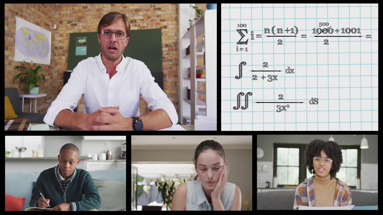 pantallas con llamadas en línea de diversos maestros varones, estudiantes y fórmulas matemáticas