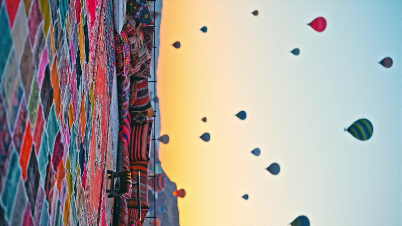 터키의 카 ⁇ 은 매혹적인 카파도키아 지평선을 내려다보고 있으며, 해가 뜨는 배경에는 불타는 열기구가 있습니다.