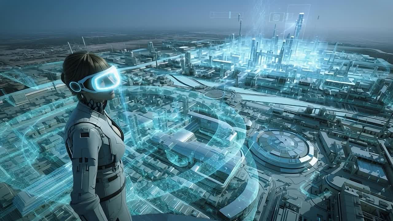 Futuristic cityscape viewed with virtual reality headset at sunset