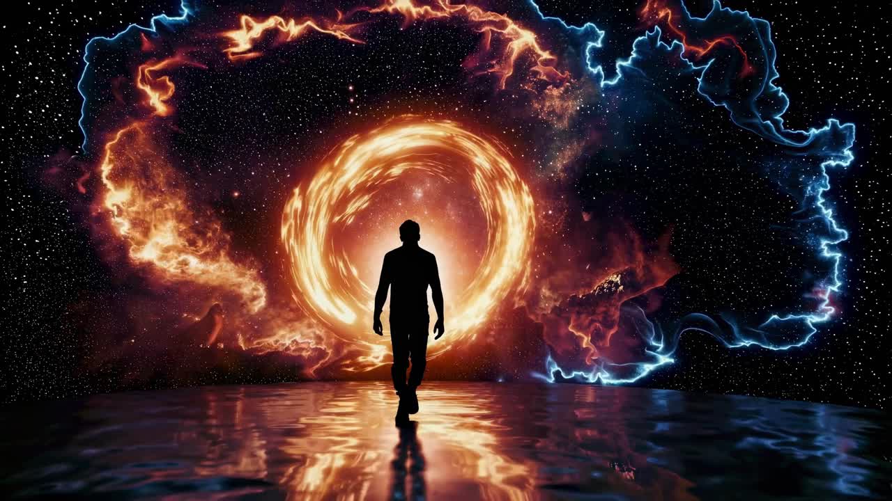 Silhouette di una persona che cammina verso un portale infuocato nello spazio