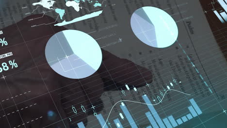 animation of data processing, stock market and world map over caucasian woman reading bible