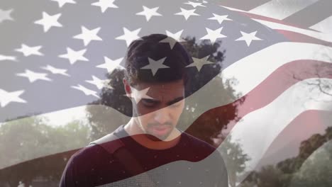 animation of flag of usa over biracial man