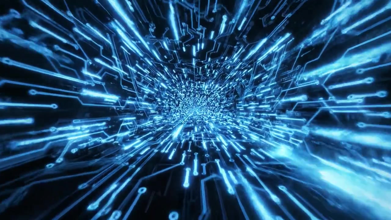 An Abstract Visualization of a Digital Burst Representing the Flow of Information through Circuitry in a High-Energy Environment with Intense Blue Lights